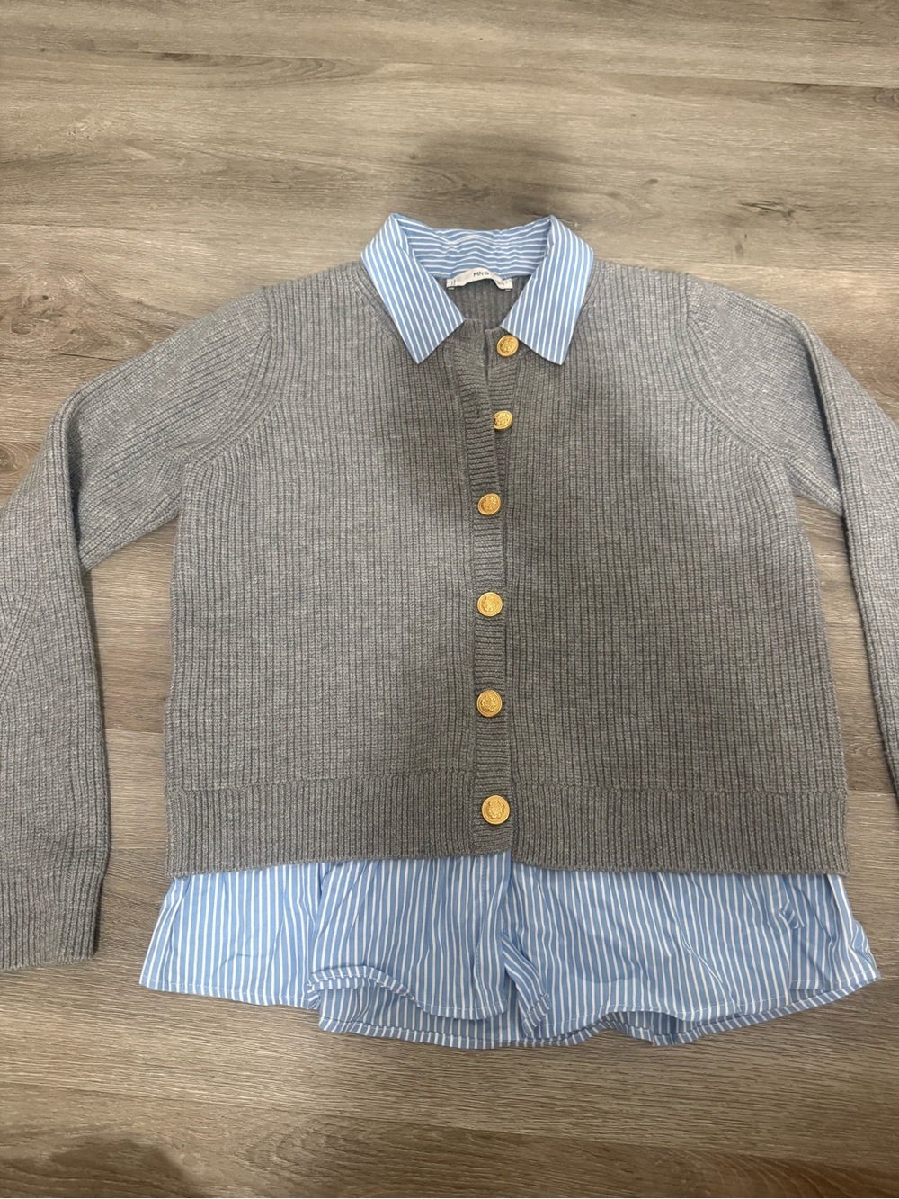 MANGO Gray Ribbed Button Cardigan with Blue Striped Shirt Detail